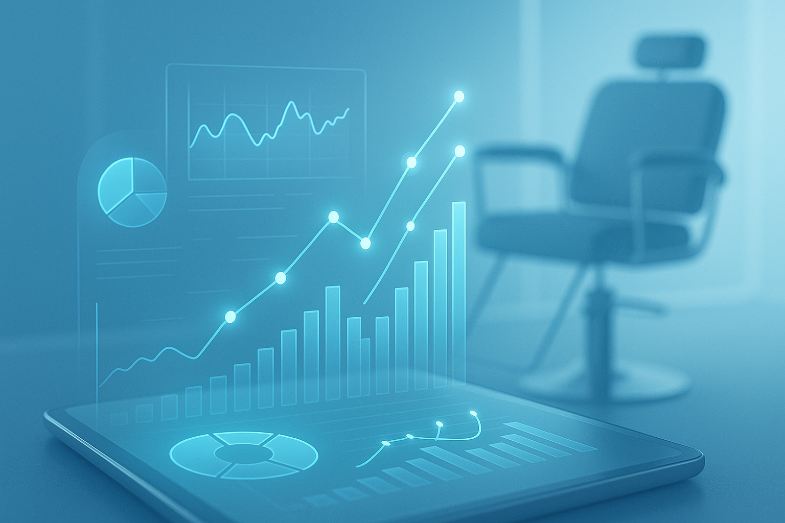 A close-up conceptual visualization of analytics: charts and graphs with glowing data points emerging from a tablet next