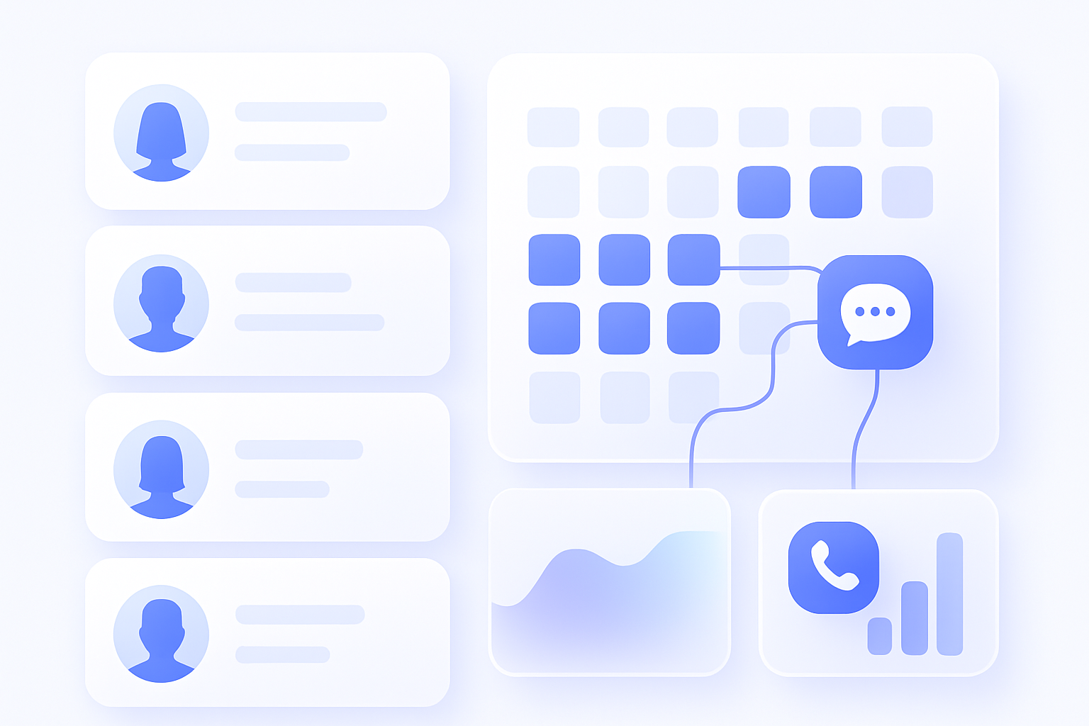 A modern, minimal SaaS-style dashboard scene for a beauty salon: segmented customer profiles with avatar silhouettes, ca