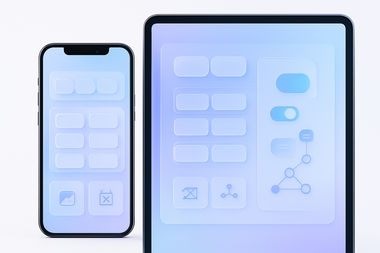 Close-up conceptual composition of a smartphone and tablet showing a seamless booking flow: service selection chips, tim