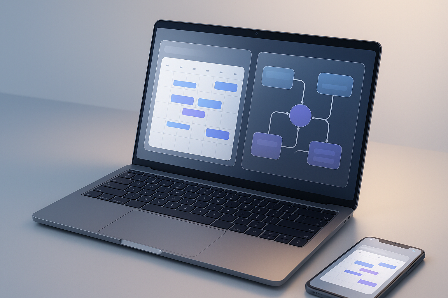 High-end SaaS dashboard scene showing a clean calendar view connected to a flow of nodes and lines representing automate