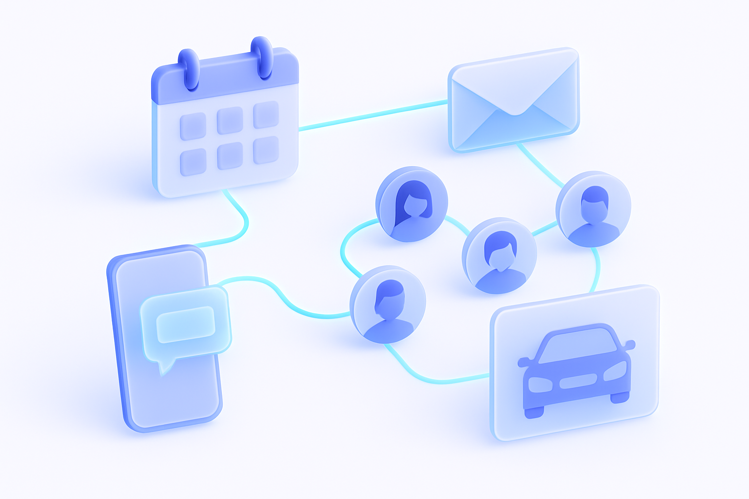 Isometric scene of an automotive workshop workflow automation: abstract calendar tiles, flowing connection lines trigger