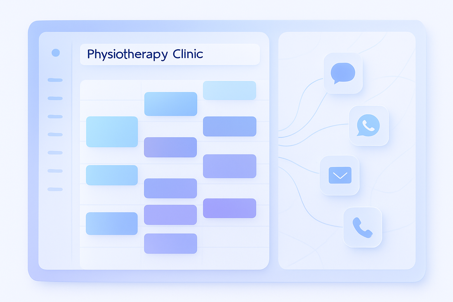 A modern, minimal SaaS-style dashboard view showing a physiotherapy clinic schedule with colored time blocks, subtle gla