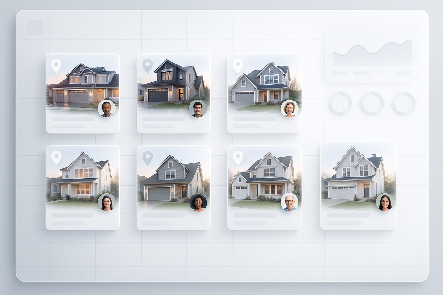 Real estate scheduling dashboard concept with modern SaaS aesthetics: clean calendar grid, subtle 3D cards with property