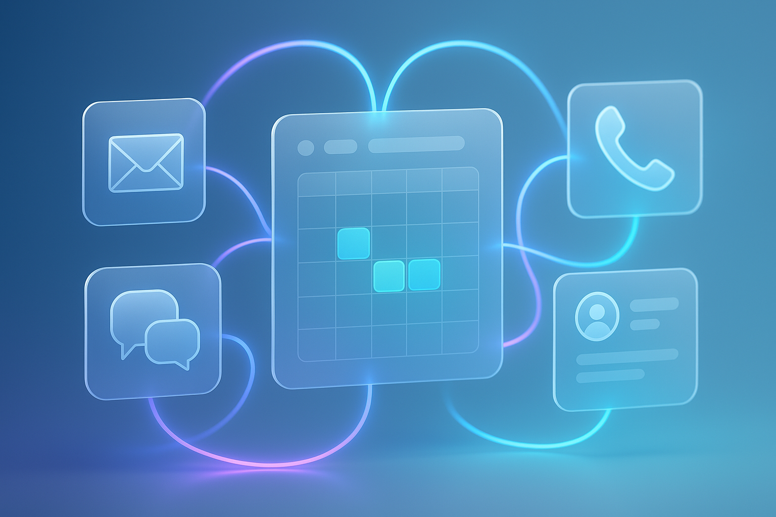 Abstract visualization of a consultant’s automated communication workflow: layered glass-like UI panels showing channels