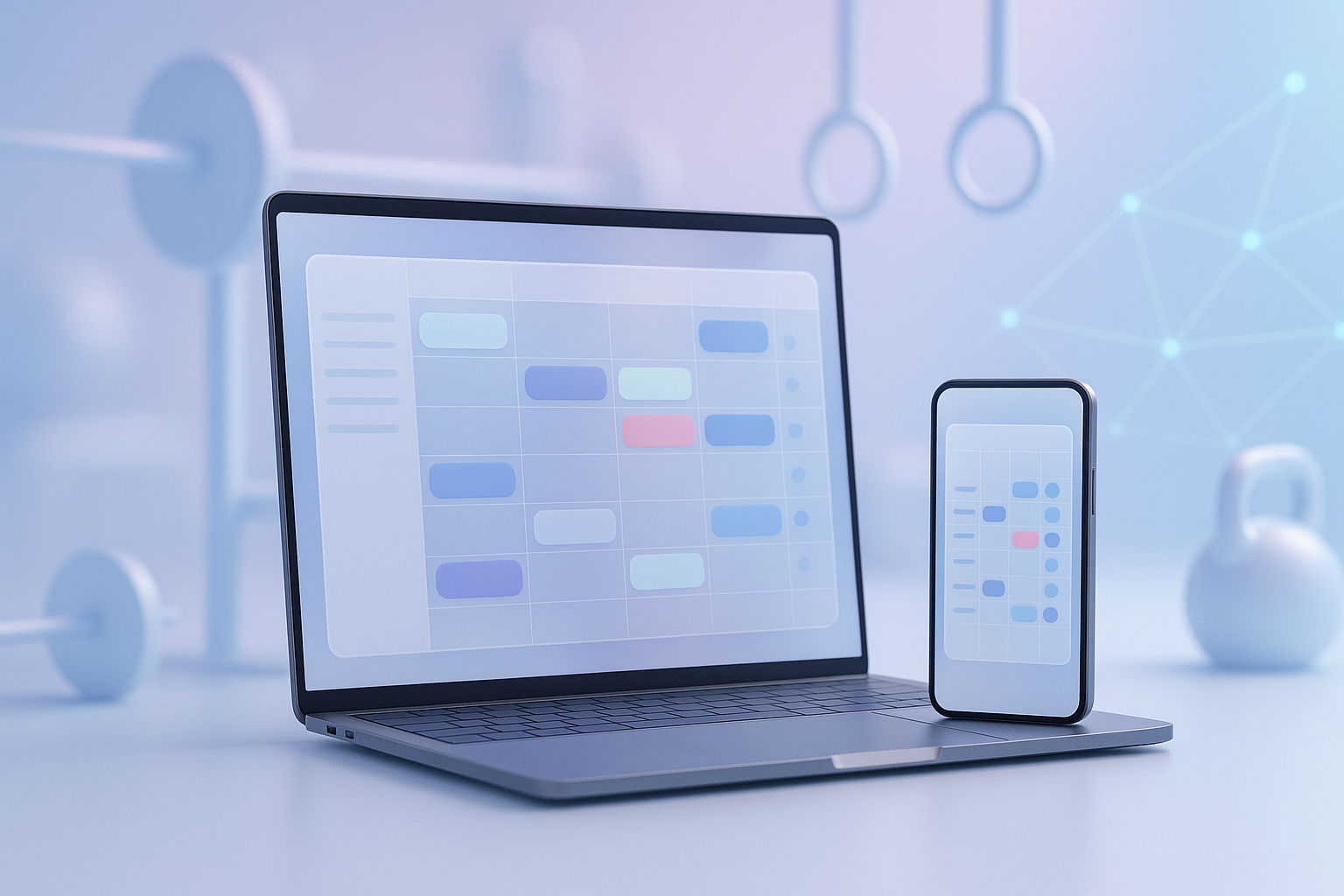 A modern, minimalistic scheduling dashboard on laptop and smartphone with translucent glassmorphism panels showing calen
