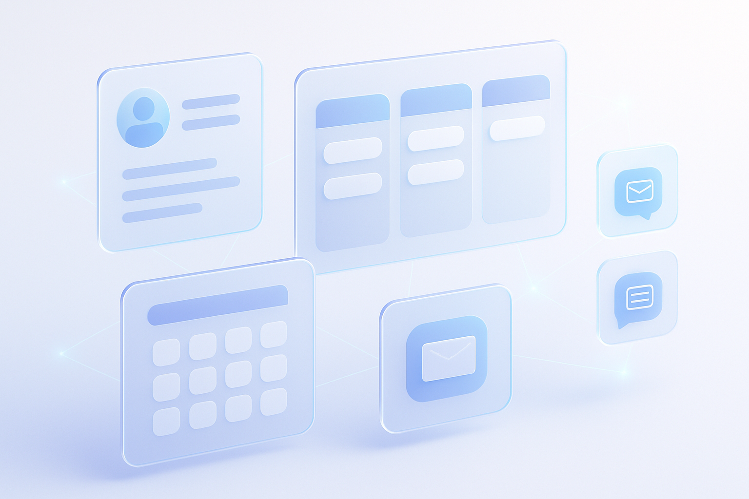 Abstract perspective of a modern CRM workspace for trades: floating glassy panels showing contact cards, kanban pipeline