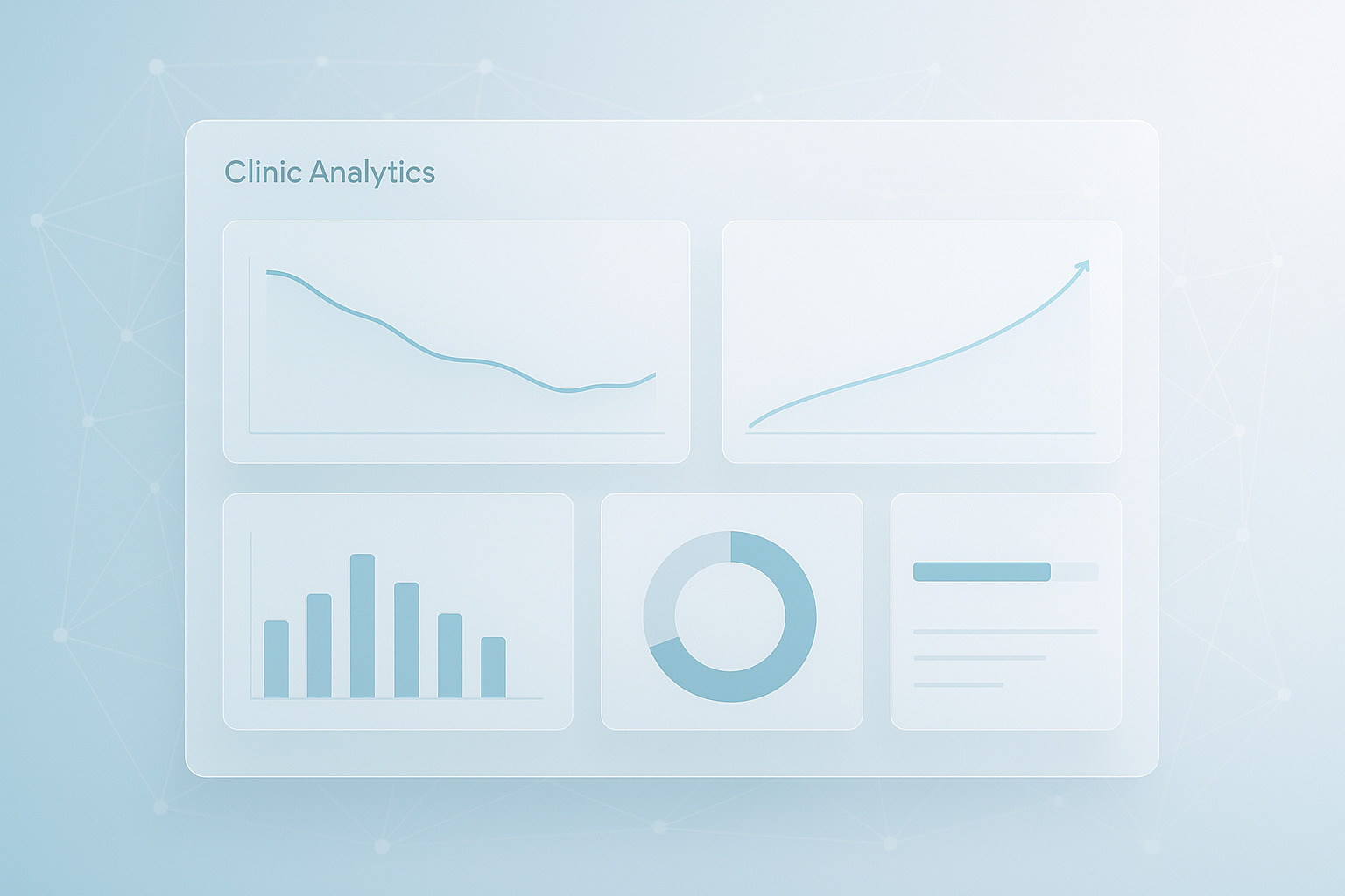 A sleek analytics dashboard concept for a clinic: charts showing declining cancellations and improved rebooking rates, s