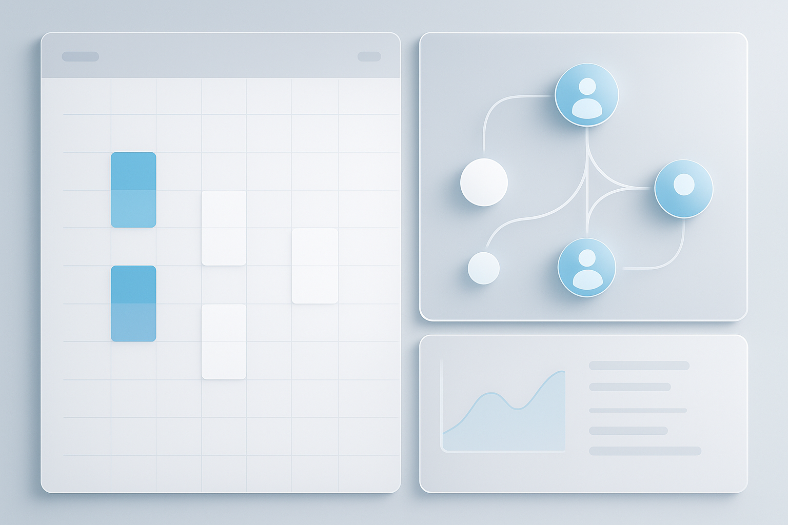 Minimalist SaaS dashboard view of a law and tax advisory scheduling workflow: calendar blocks, abstract client intake no