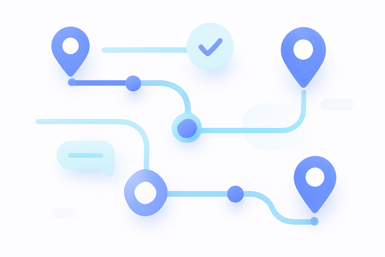 Abstract scene of a technician route and appointment reminders visualized as connected nodes and timelines with location