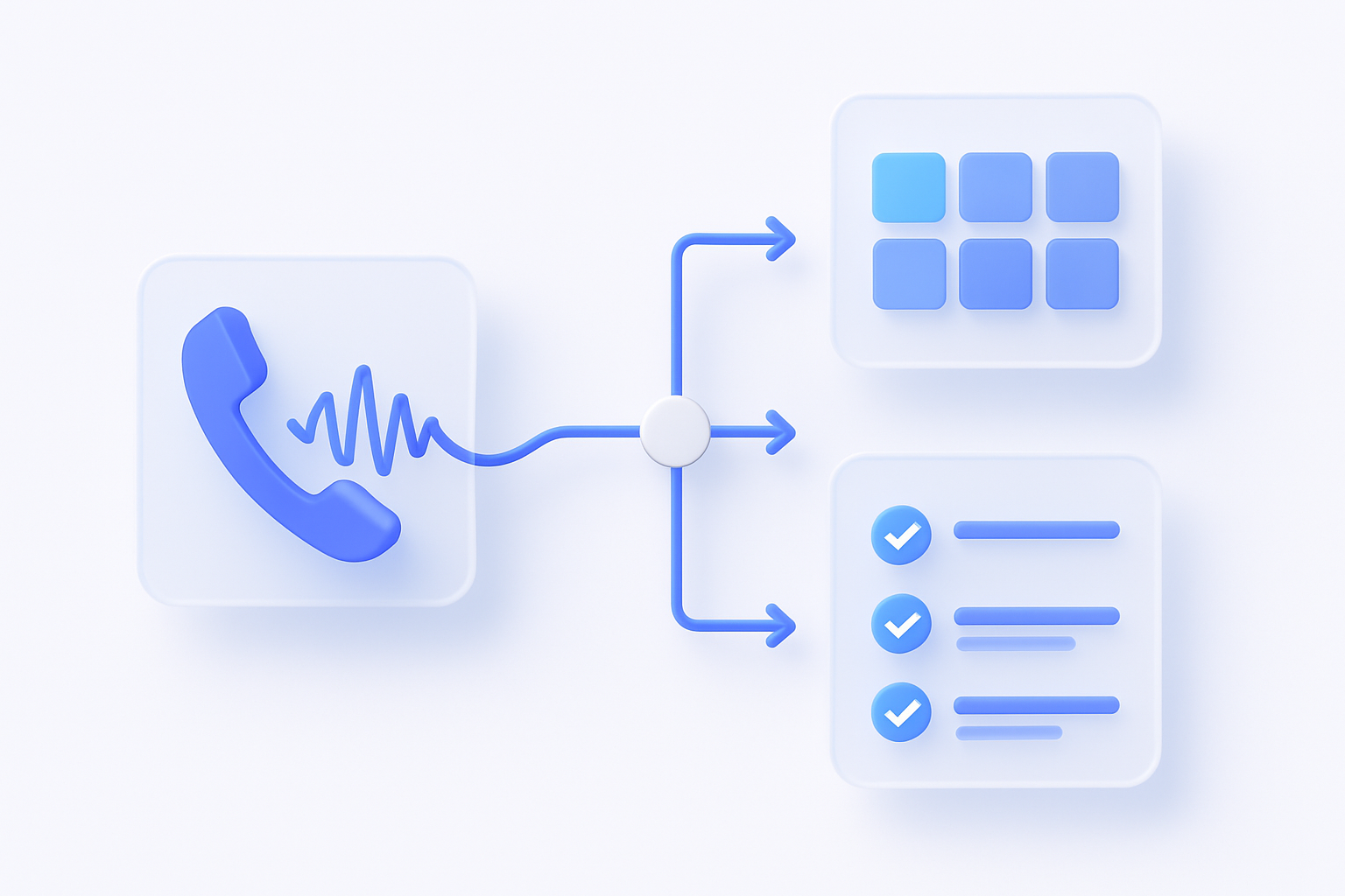 Clean 3D illustration of a modern voice AI call flow for a medical practice: abstract phone icon morphing into a convers
