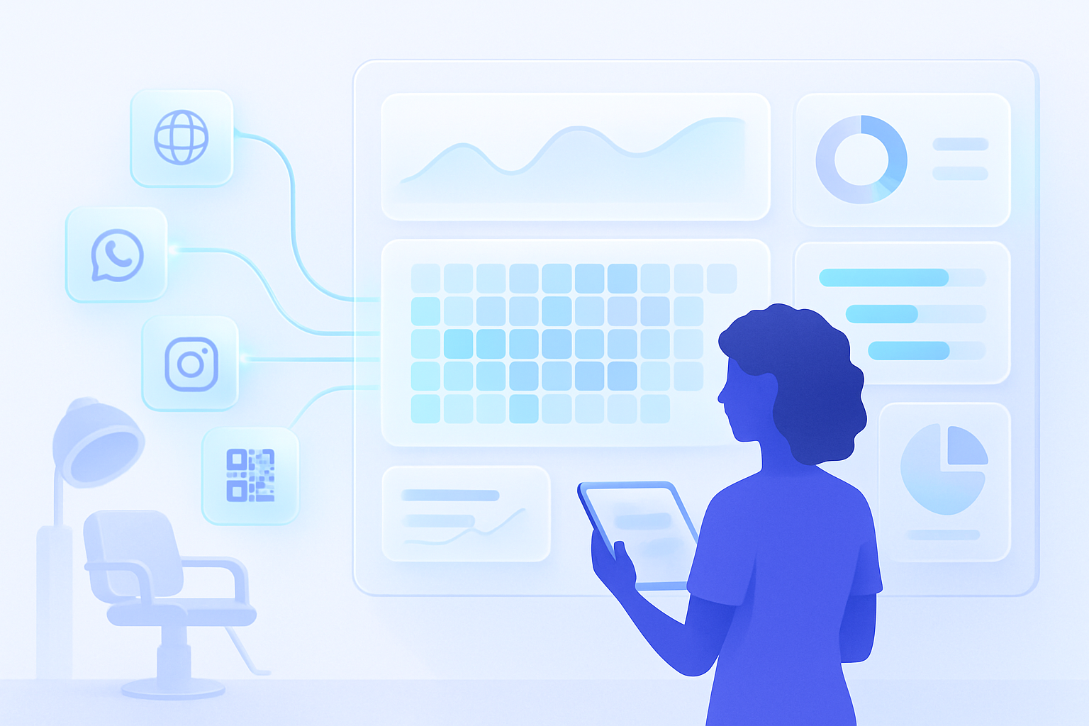 Abstract scene of a modern hair salon owner reviewing a clean analytics dashboard with a glassy calendar heatmap, team a