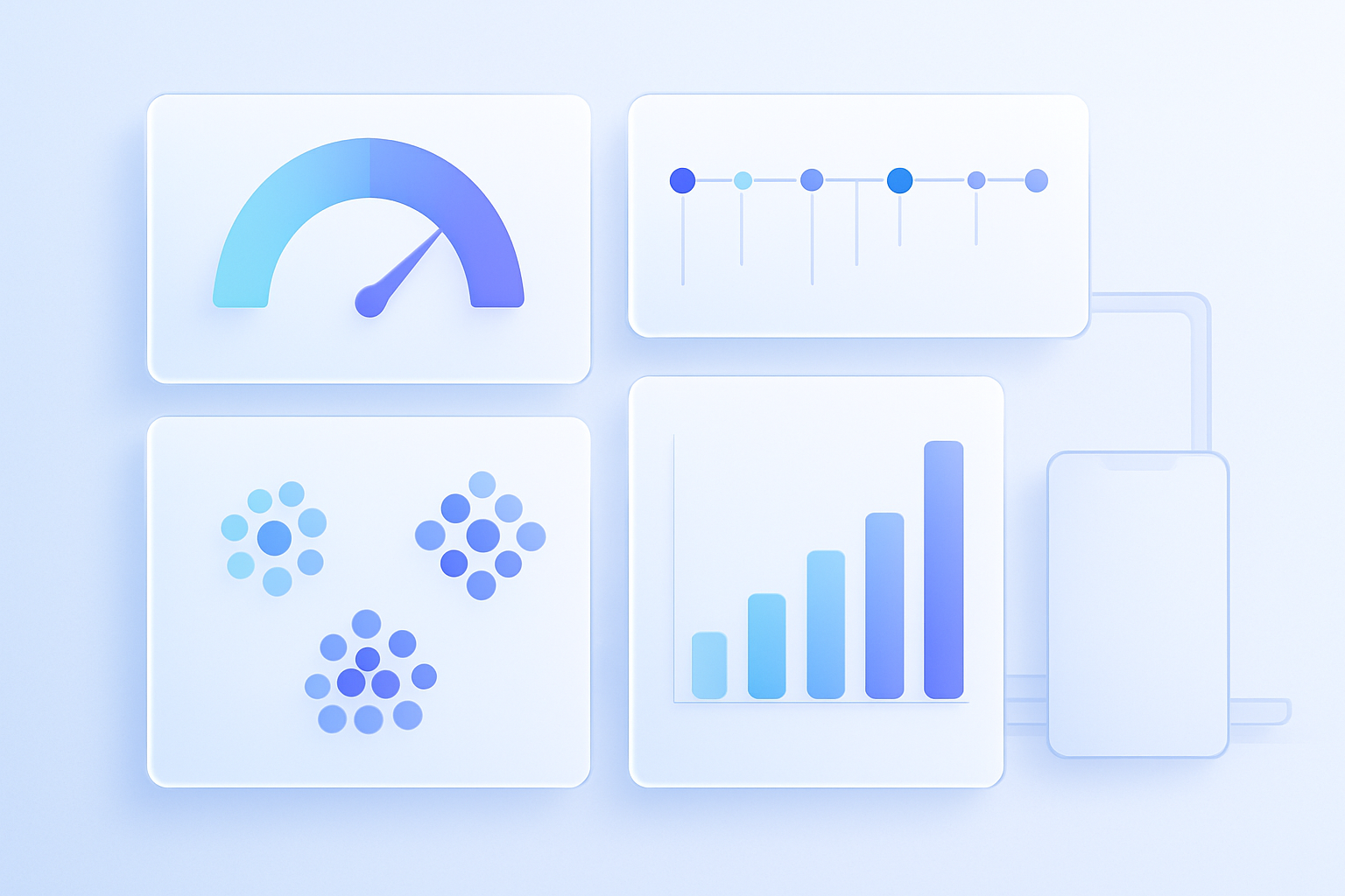 High-level analytics dashboard visualization: engagement scoring gauge, timeline of touchpoints, segmented audience clus