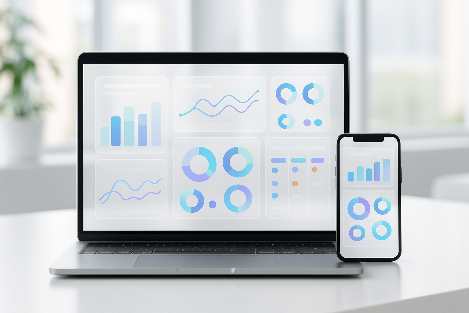 Modern analytics dashboard scene in a bright office: laptop and smartphone displaying abstract charts, line graphs, gaug
