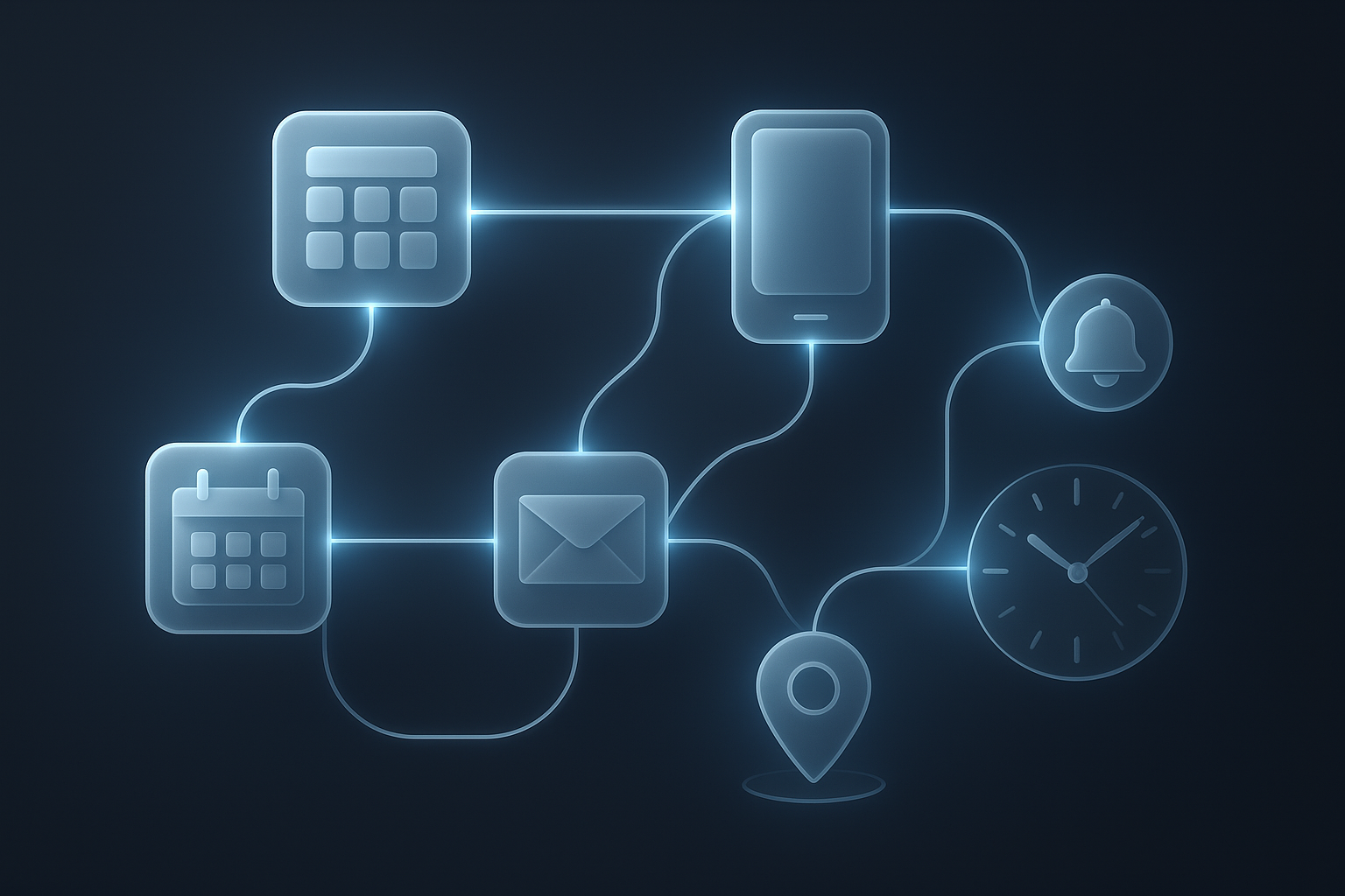 Automation workflow visualization for property viewings: interconnected nodes for CRM, calendar, smartphone, email, bell