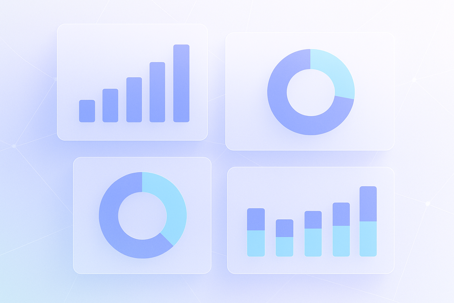 Minimal analytics dashboard visualization for a workshop: KPI cards showing delivery rate, clicks, bookings, and overdue