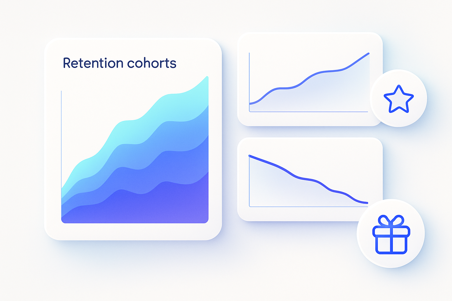 Clean analytics workspace visualization: retention cohorts as layered area shapes, line charts for repeat rate and no-sh