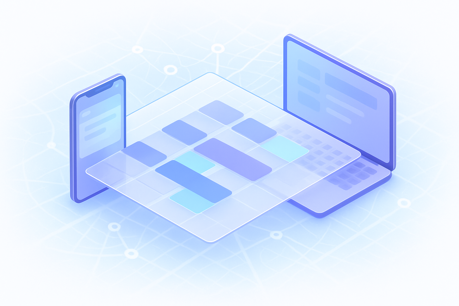 Isometric scene of a modern scheduling dashboard: abstract calendar grid with layered translucent slots, subtle city map