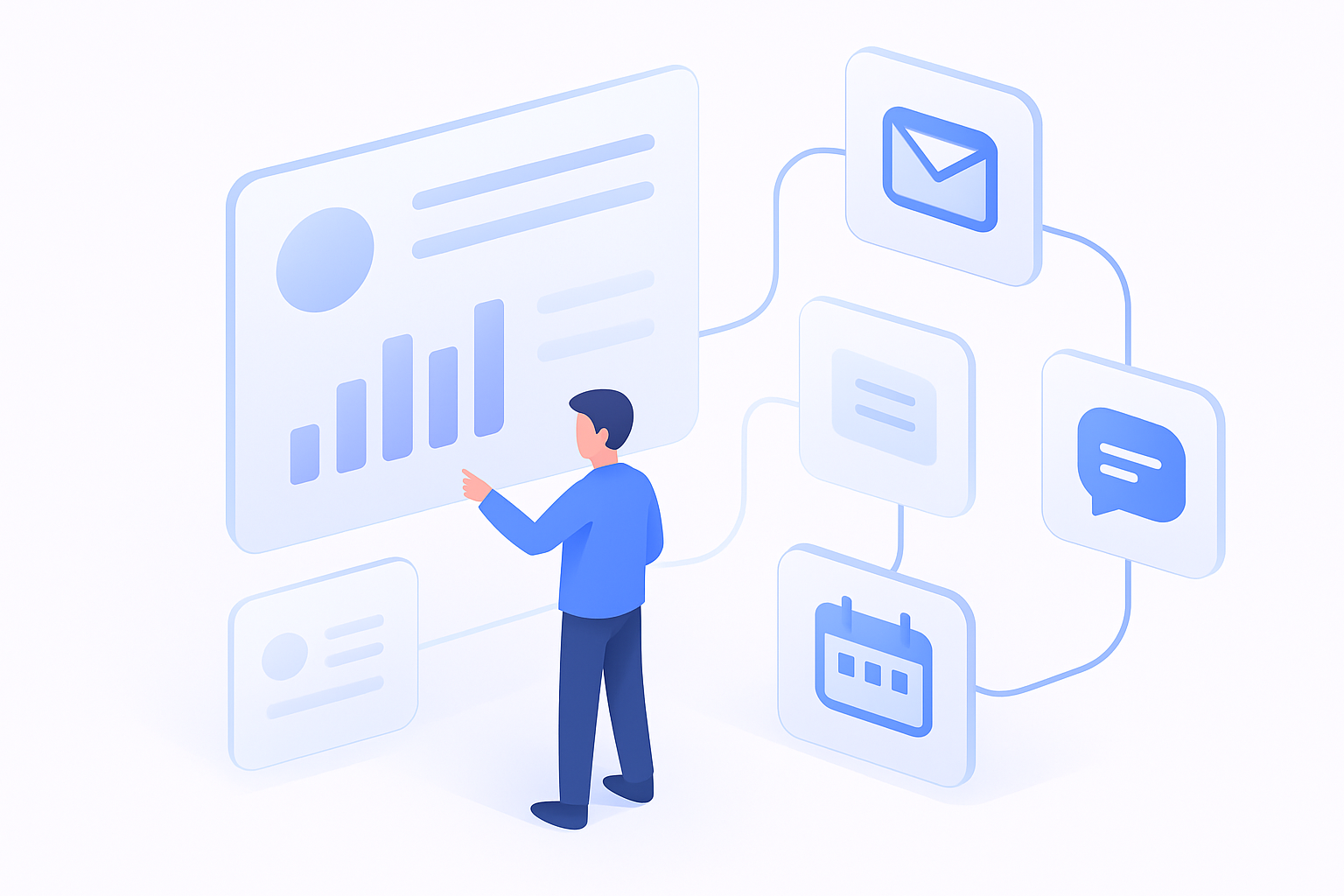 Isometric scene of a consultant’s omnichannel automation journey: abstract CRM dashboard panels, flowing connection line