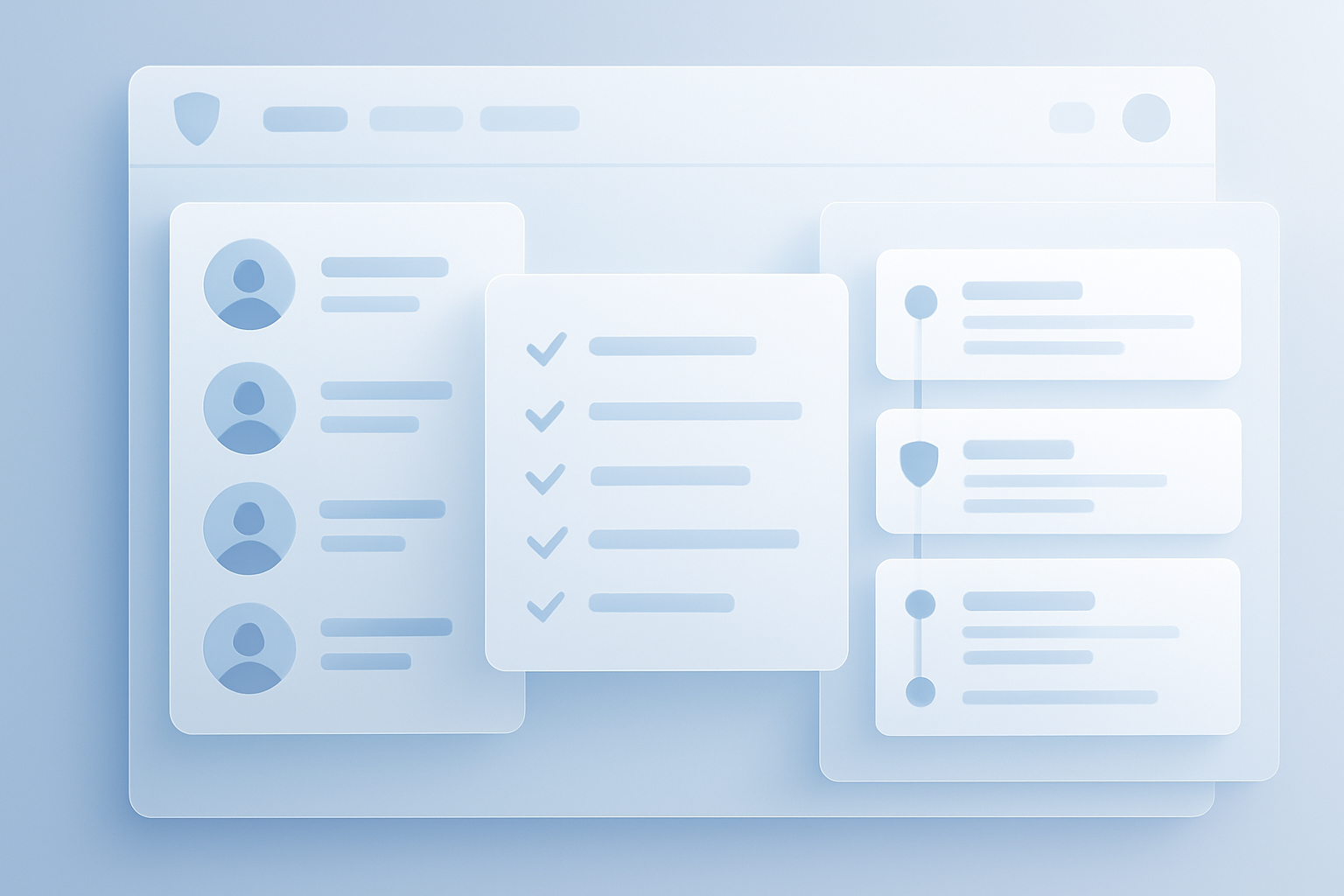 Ultra-clean SaaS-style dashboard scene with a coach’s workspace: layered translucent panels showing anonymized client pr
