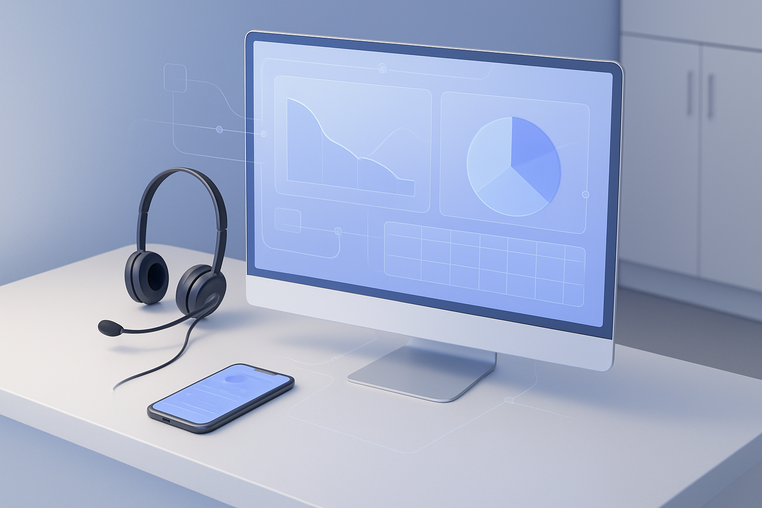 High-angle scene of a tidy clinic front desk with a sleek headset, smartphone, and a computer displaying anonymized anal