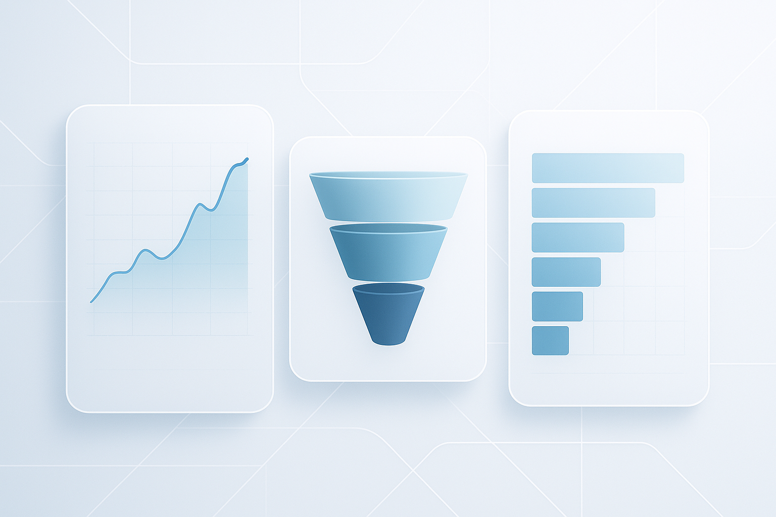 Modern analytics visualization for a coaching practice: attendance rate trends, funnel-style charts, and capacity blocks