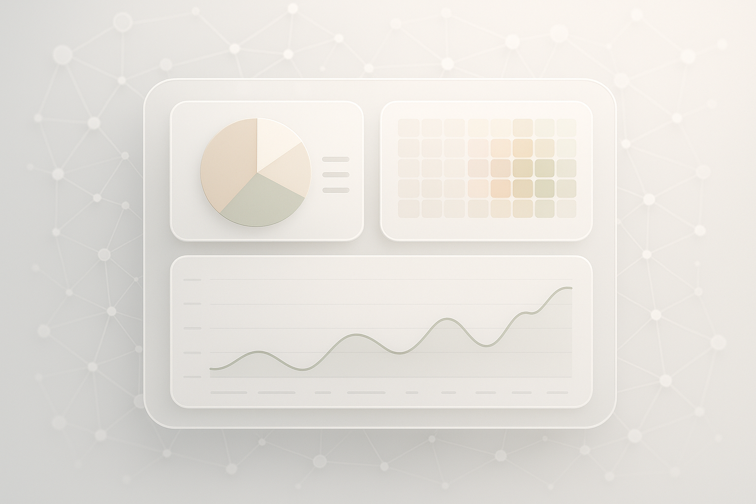 Minimal, tech-forward analytics dashboard concept for a clinic: abstract charts, utilization heatmaps, and trend lines i