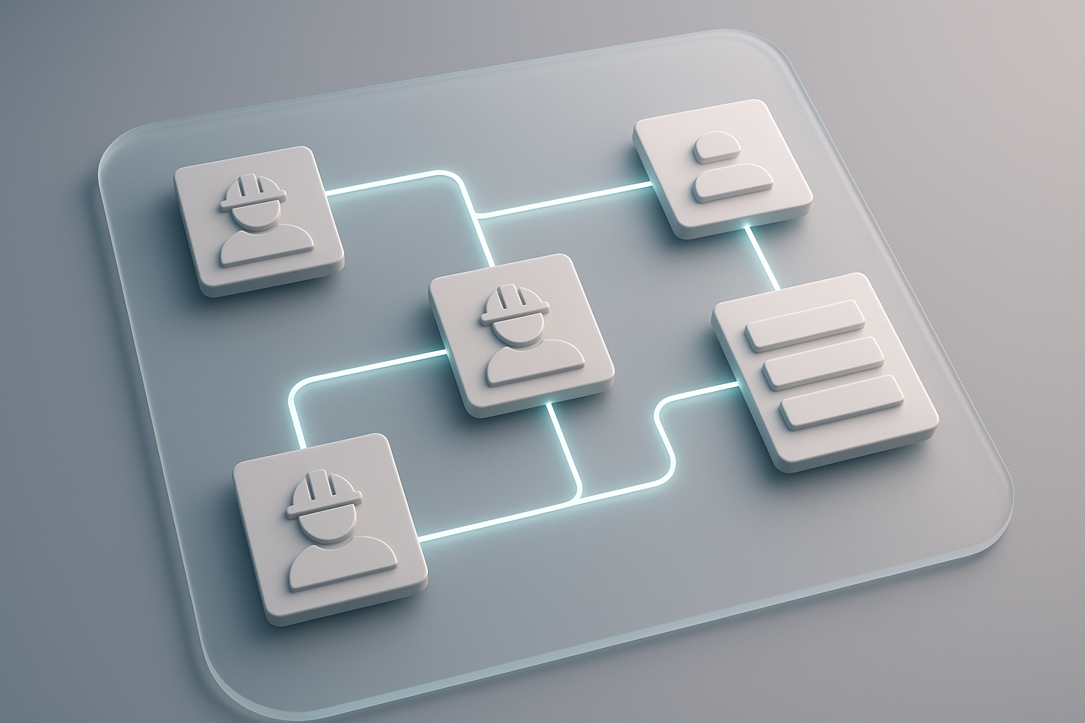 Technician route and time blocks represented as minimal 3D cards connected by glowing network lines on a gradient glass 