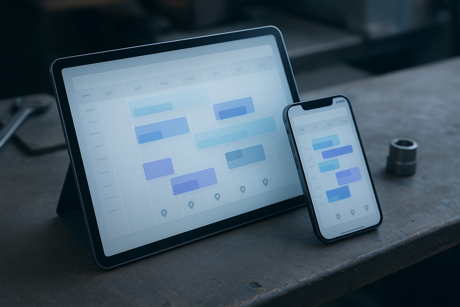 A modern field-service scheduling dashboard visualized on a tablet and smartphone on a workbench, clean glassmorphism UI