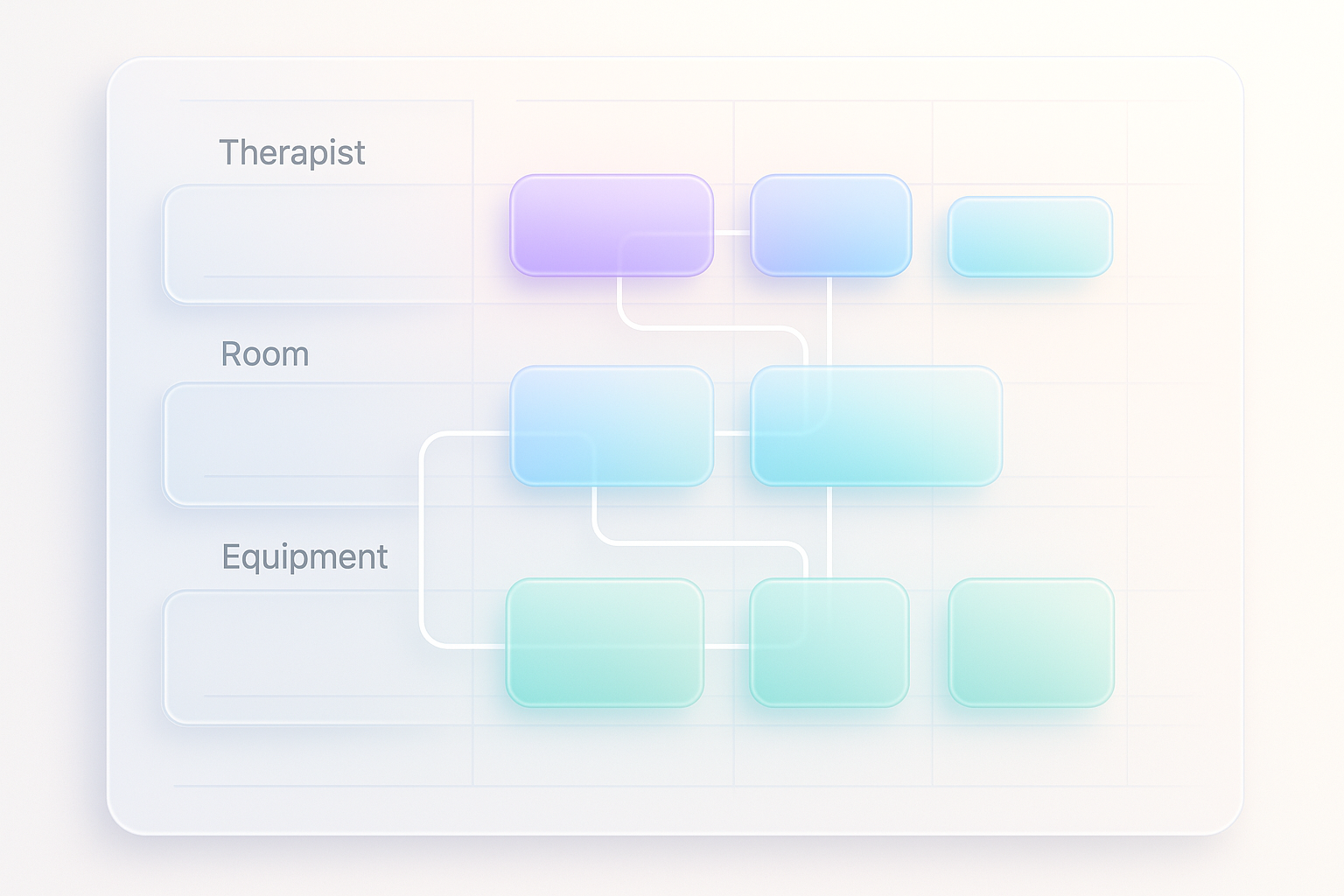 A clean, modern SaaS-style calendar interface concept showing interconnected availability slots across therapist, room, 