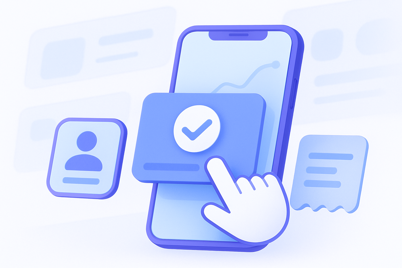 Close-up conceptual scene of a smartphone receiving a message notification with a stylized checkmark and a tap interacti