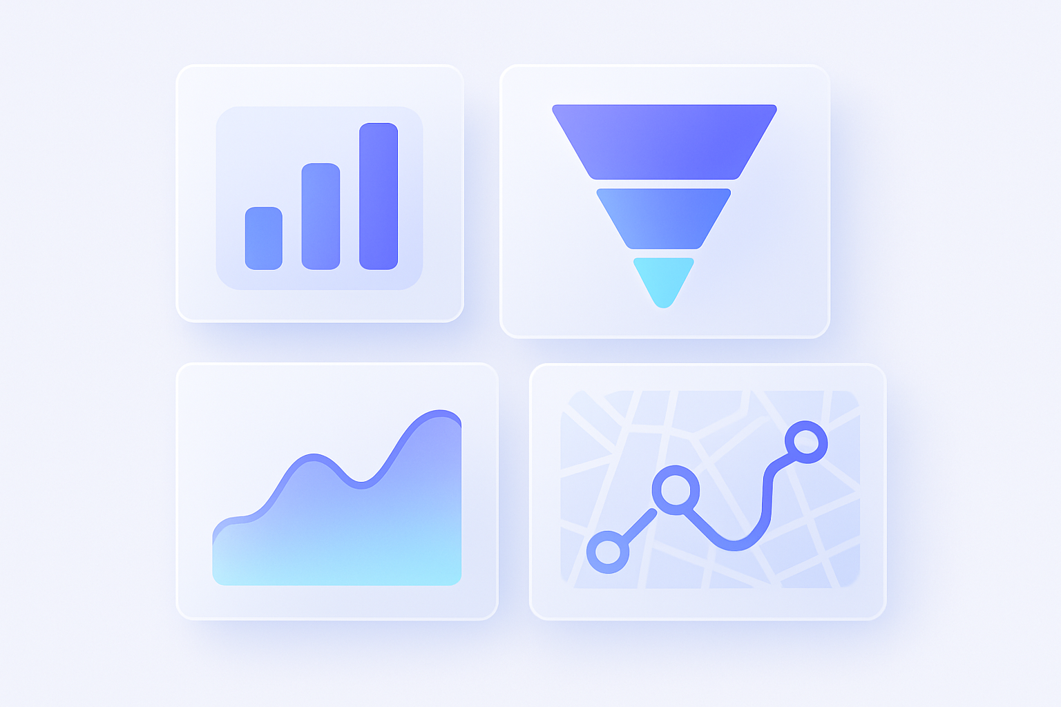Analytics overview for real estate operations: abstract KPI tiles, funnel shapes, and a stylized city route with connect