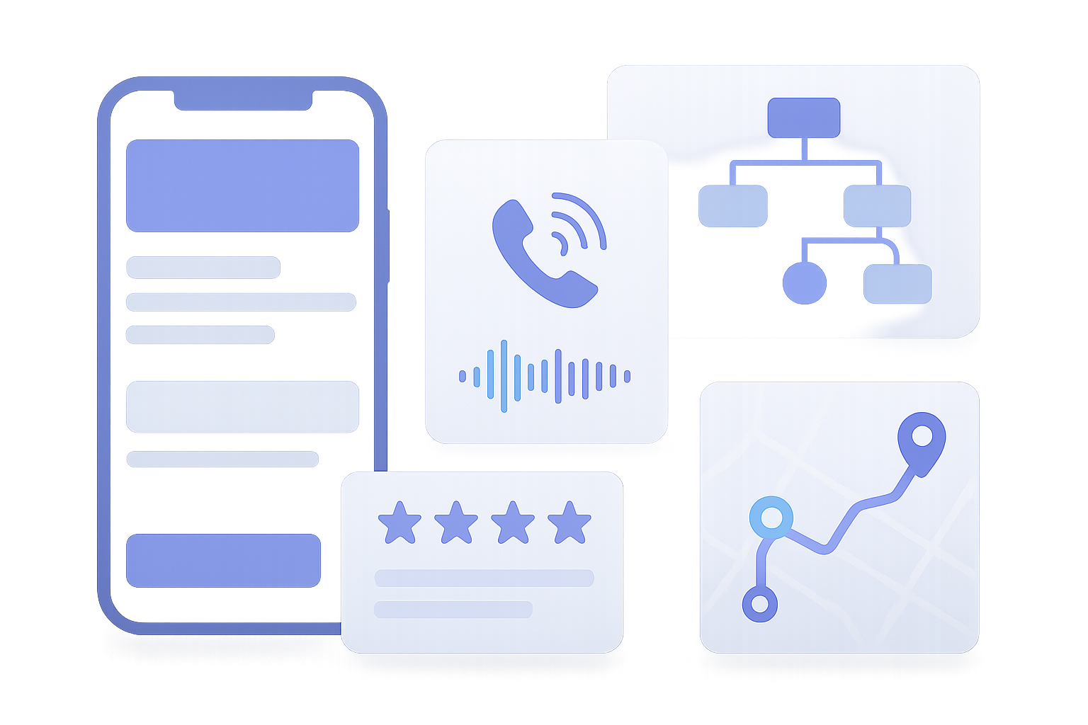 Field service operations overview: smartphone with appointment booking interface, abstract AI phone assistant waveform, 
