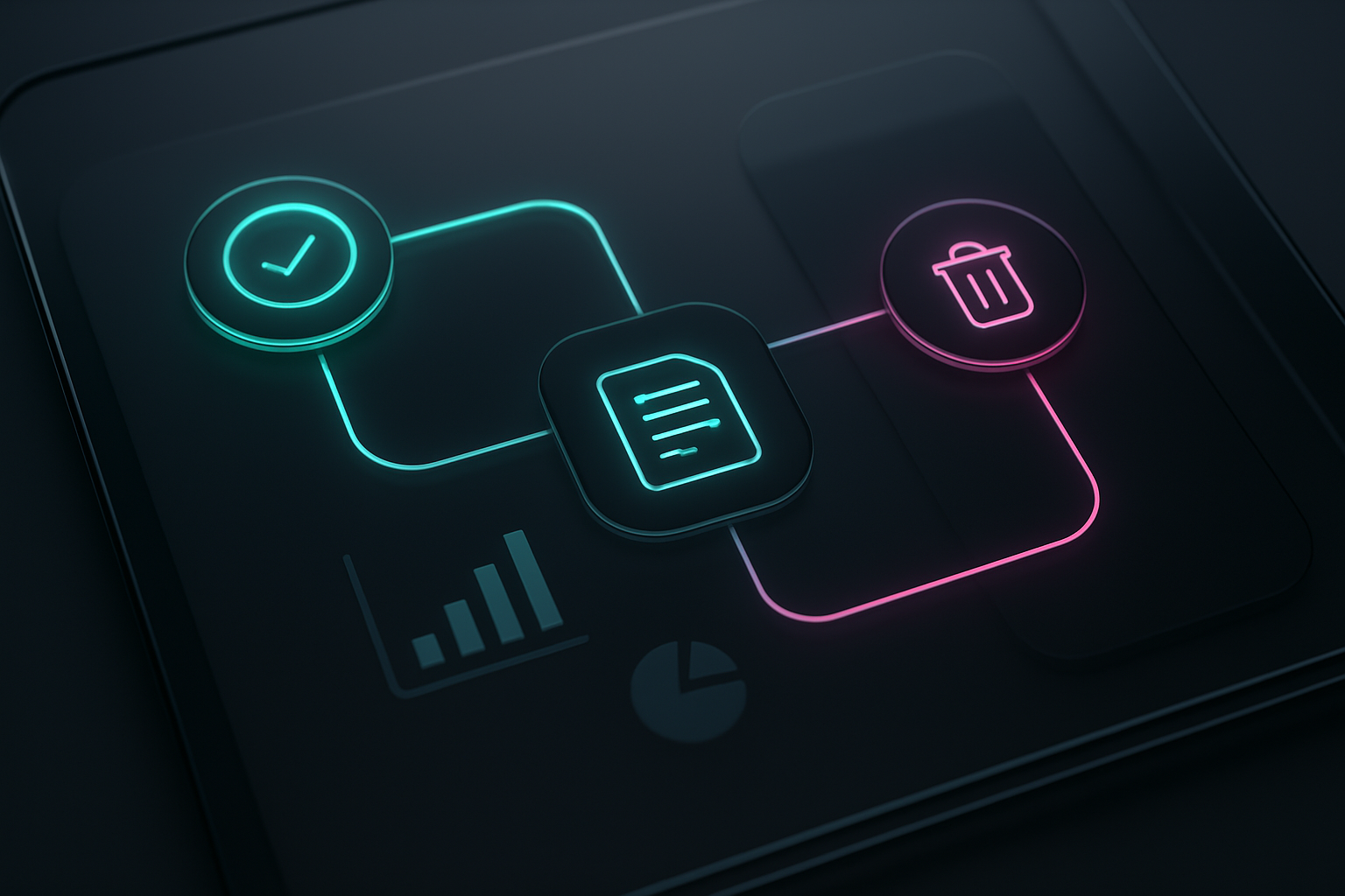 Abstract automation flow in a modern app interface: nodes and connections representing review, retention, and deletion s