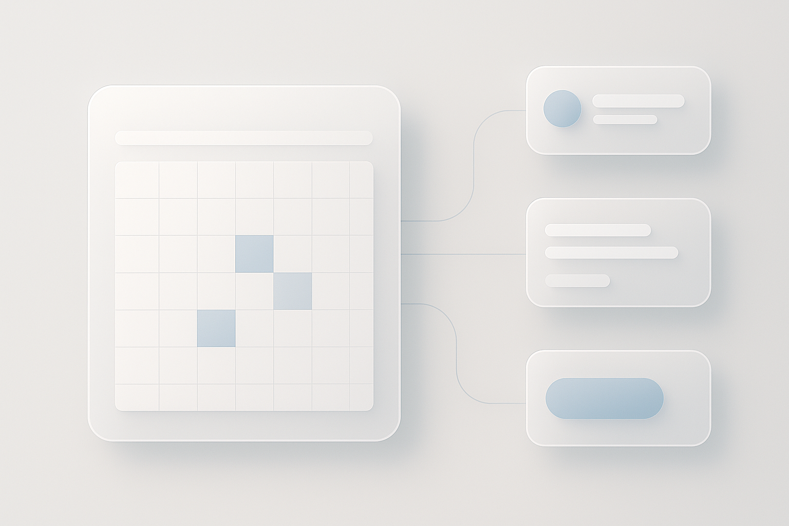 A sleek, modern SaaS-style dashboard scene showing a calendar grid and abstract notification bubbles connected by subtle