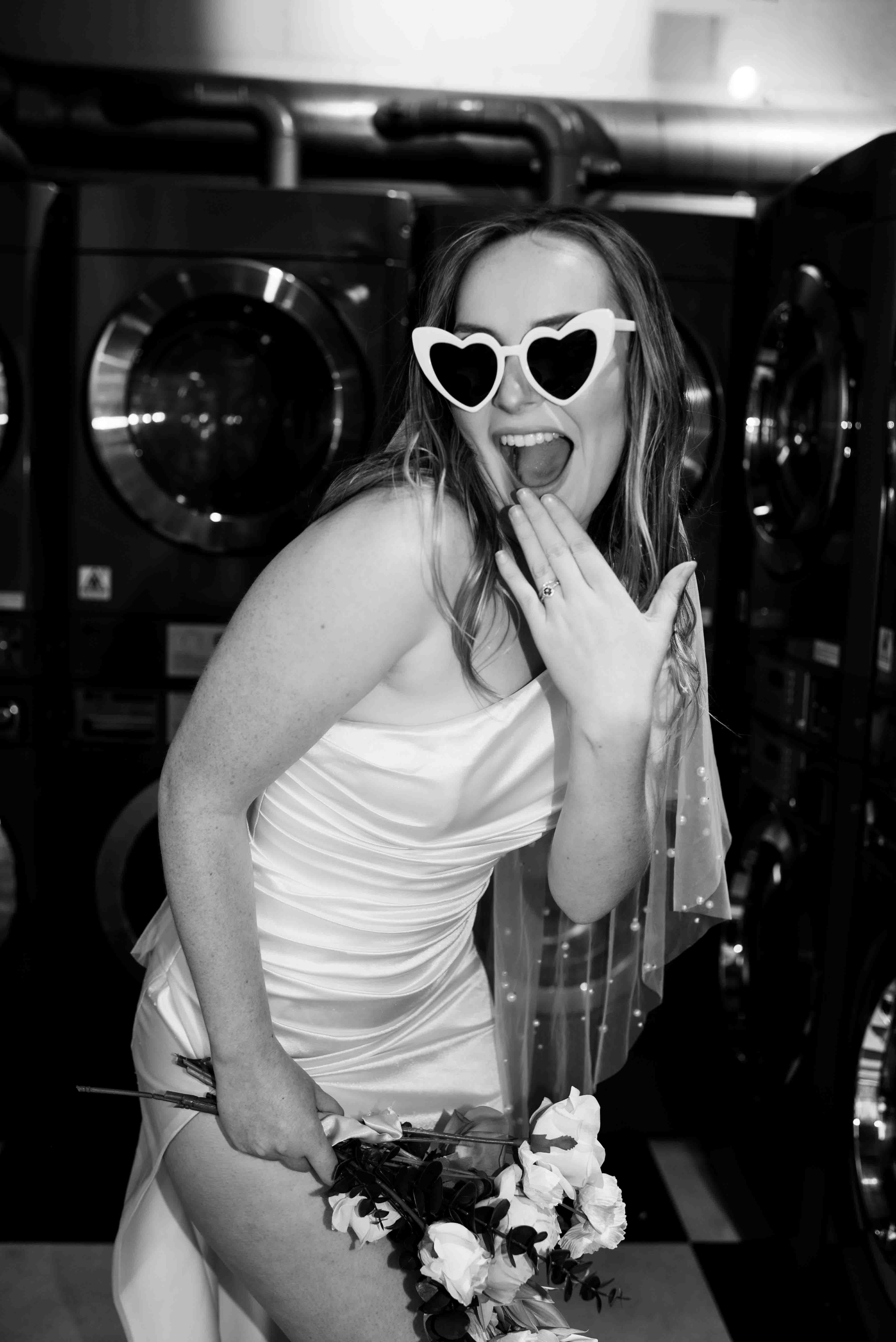 bride close up in laundromat