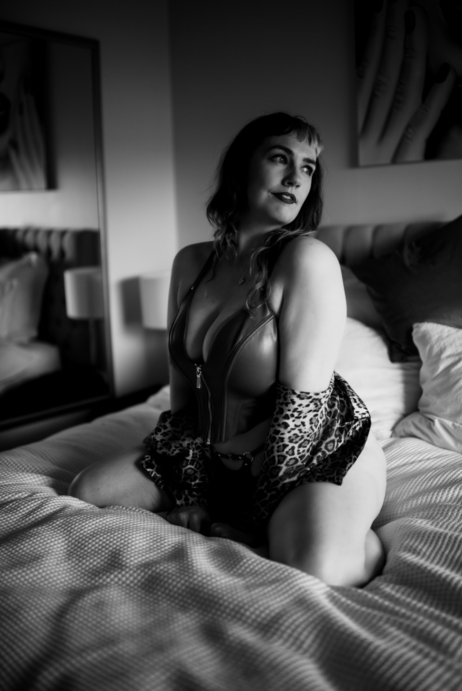 leopard print robe used as prop for boudoir photoshoot