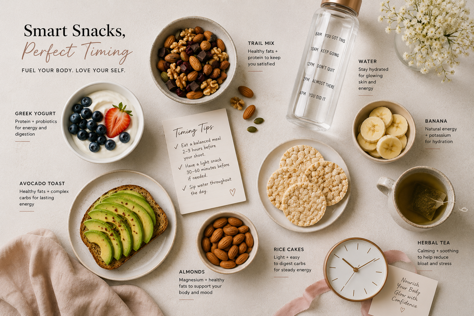 flatlay and chart of smart pre-photoshoot snacks