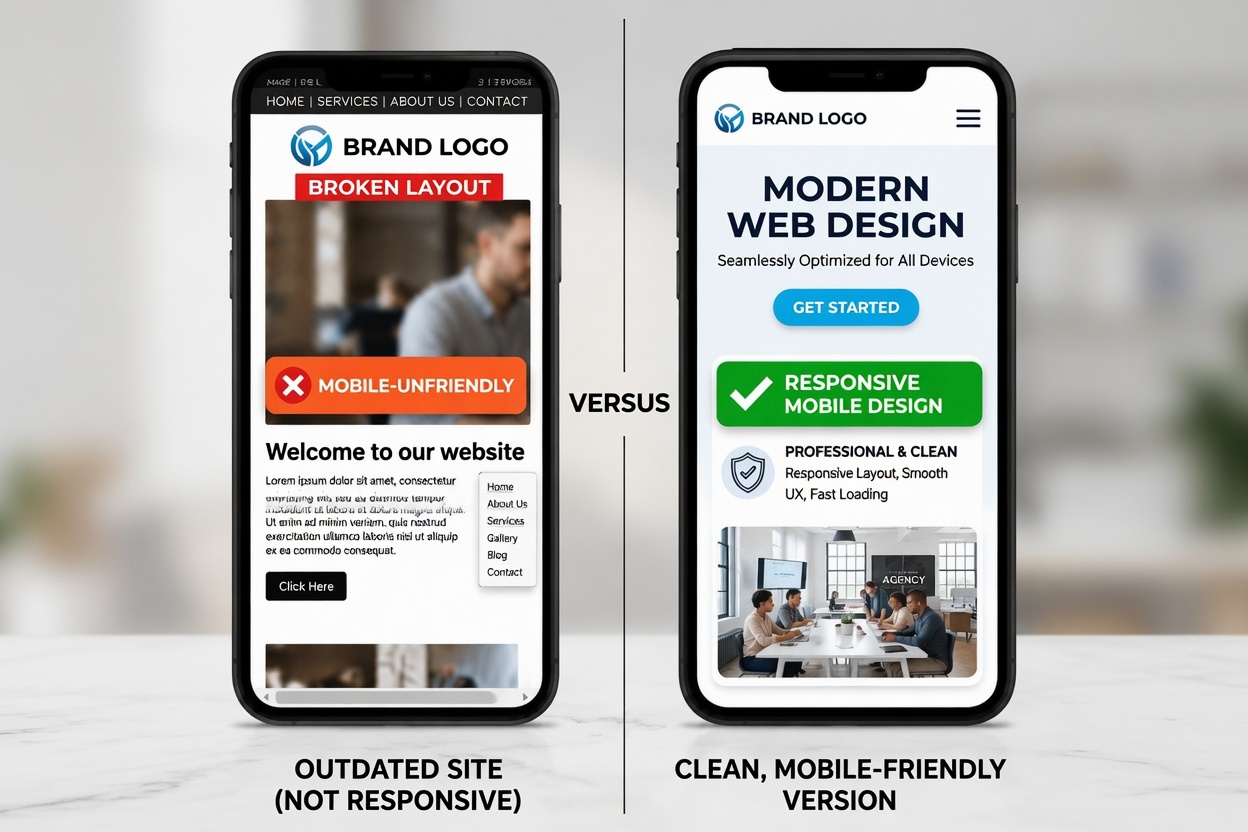 Outdated vs modern responsive mobile website design comparison for small businesses