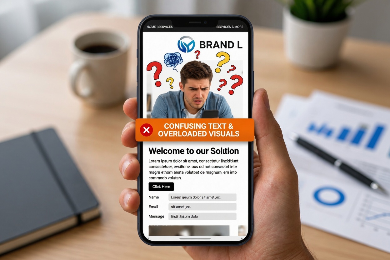 Confused customer looking at cluttered and overwhelming website design on smartphone, highlighting common website usability problems and poor user experience for small businesses