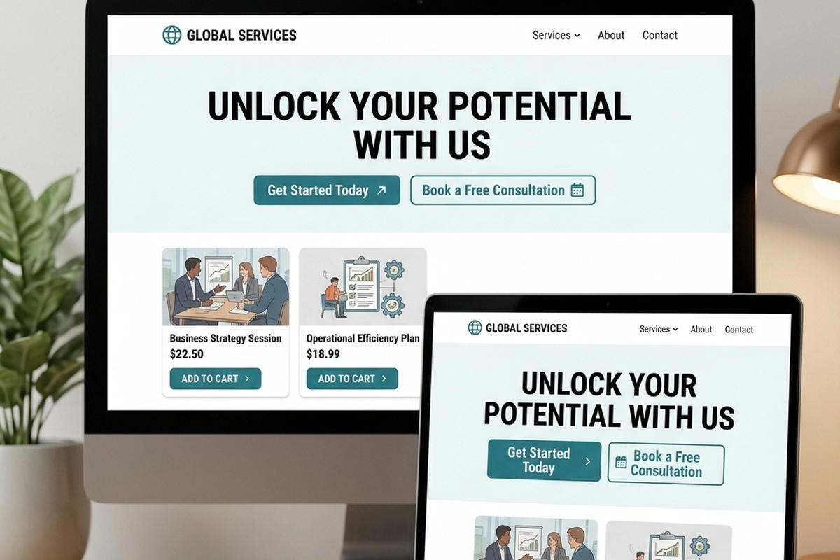 Responsive website design displayed on desktop and laptop screens showing a professional business website layout