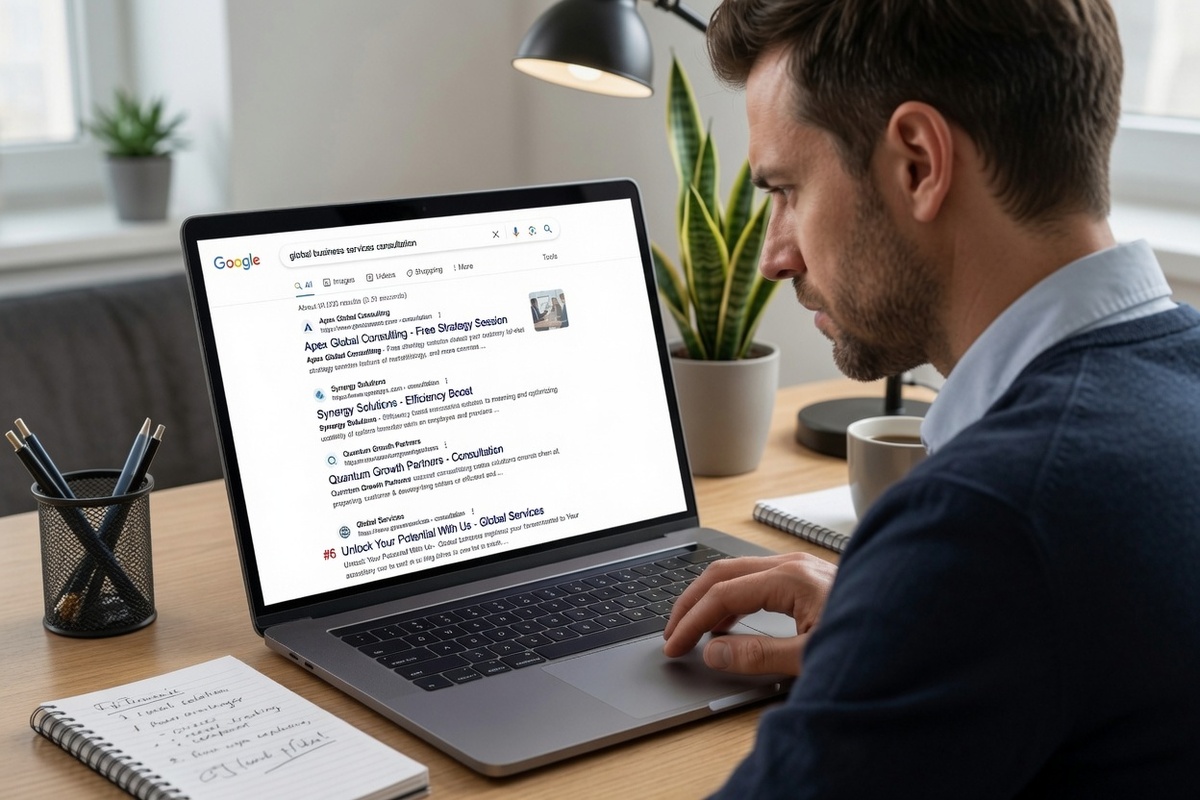 Business owner researching Google search results to improve website SEO and online visibility