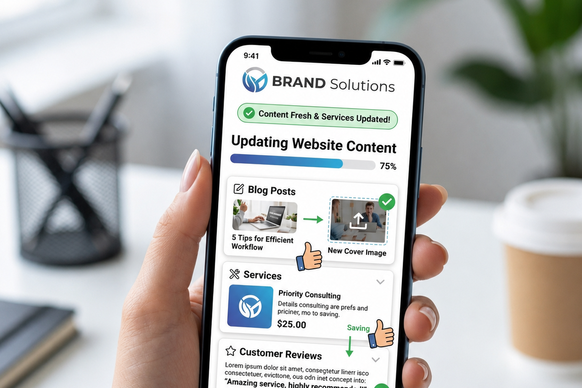Phone screen showing a digital agency dashboard updating website content, blog posts, services, and reviews