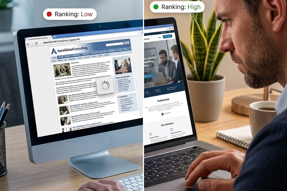Website redesign comparison showing an outdated website transformed into a modern SEO-optimized business website