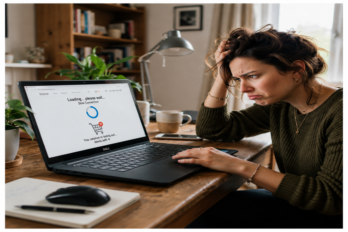 Frustrated online shopper waiting for a slow-loading website on a laptop, illustrating how poor website performance, slow page speed, and user experience issues can lead to abandoned shopping carts and lost customers