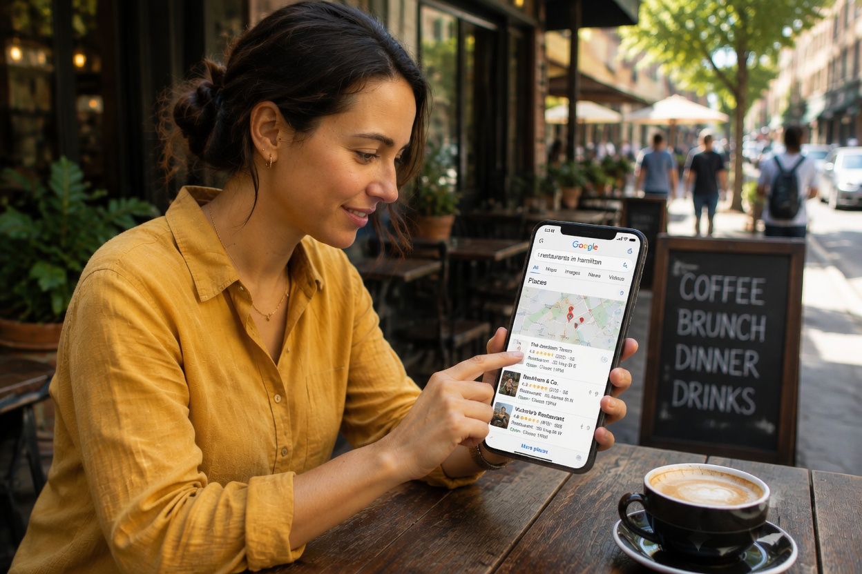 Customer searching Google for restaurants in Hamilton using a smartphone."