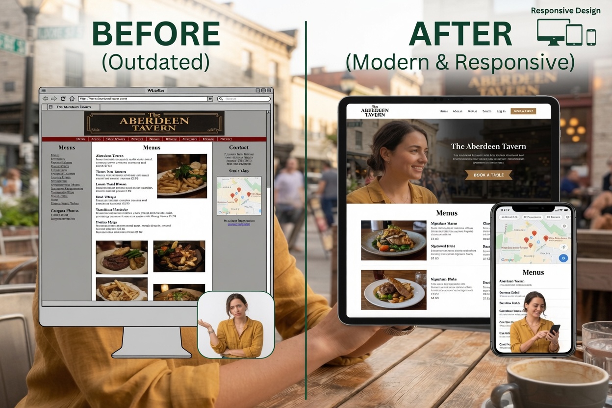 Comparison of an outdated restaurant website and a modern responsive website designed to improve customer experience.