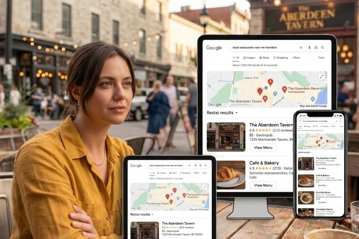  Google search results showing restaurants in Hamilton with local SEO optimization.
