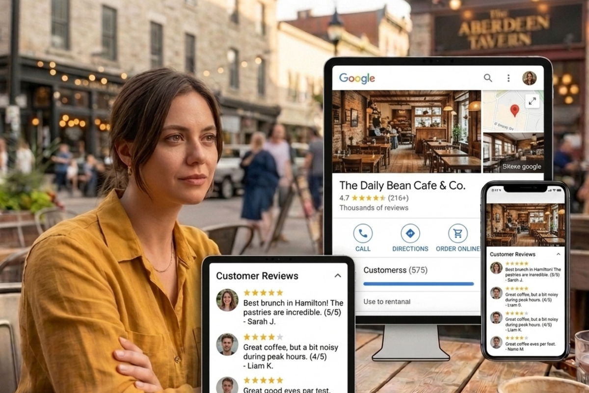  Optimized Google Business Profile for a restaurant in Hamilton with photos, reviews, and business information.