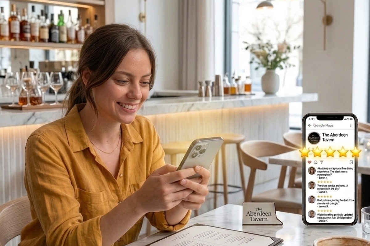 Customer reading five-star Google reviews for a restaurant before making a reservation.