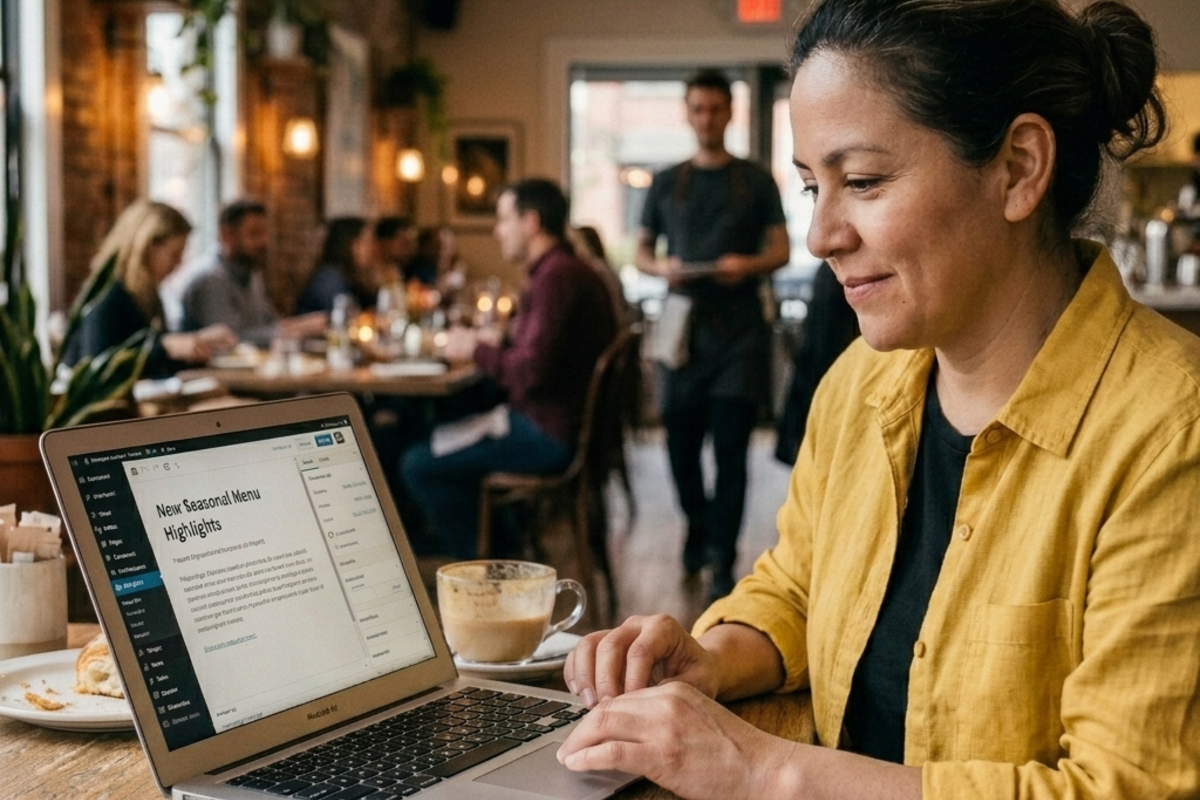  Restaurant owner updating website content to improve SEO and customer engagement.